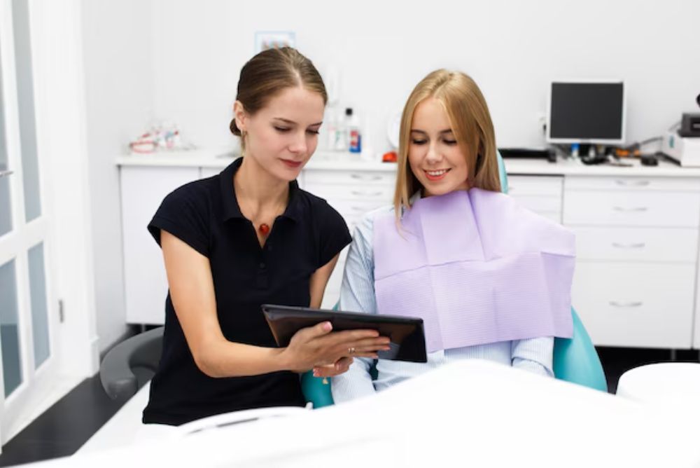patient receiving dental crown treatment in a modern dental clinic